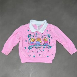 Vintage 80s 90a Pink Kids Sweatshirt with Bears and Bows and Scalloped Collar
